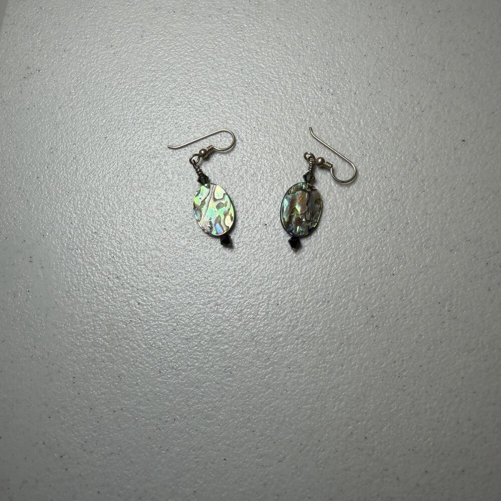 Iridescent Abaline Shell Oval Dangle Earrings Polished Silver Tone Hook Wire
